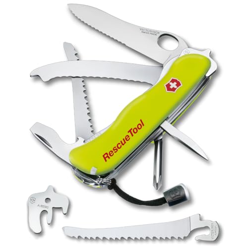 Victorinox Rescue Tool Navaja suiza con 15 funciones, incluyendo sierra cortavidrio y rompecristales, de color amarillo fluorescente