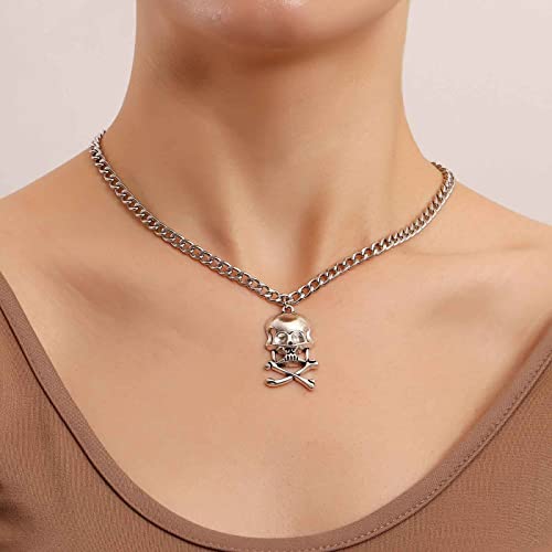 Dervivea Punk Skull Collar Gargantilla Plata Esqueleto Colgante Collar Cadena Gótica Hip Hop Curb Cadena Collar Halloween Calavera Esqueleto Collar Joyería para Mujeres y Niñas