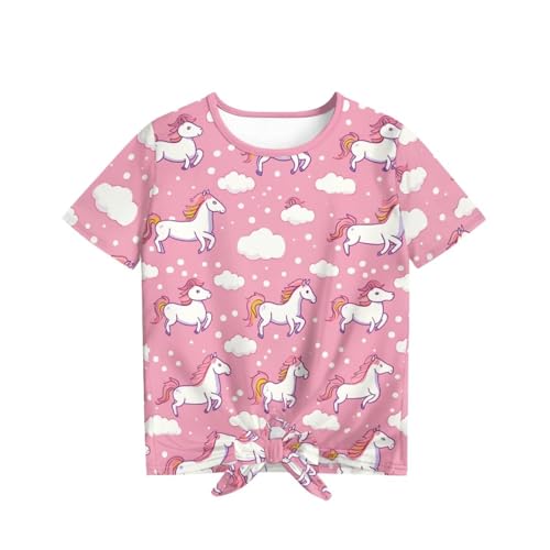 Viewamoon Cloud Horses Girls Short Sleeve Shirts Casual Tie Knot Front Tops for Kids 5-6 Cute Crewneck T Shirts for Holiday Travel Vacation Outdoor School
