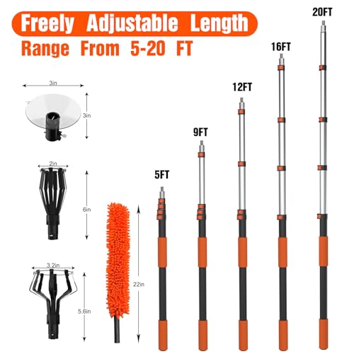 LAANPOLE 26FT Reach Light Bulb Changer for High Ceilings, Light Bulb Changer with Baskets and Suction Cup for Recessed Lights with 5-20FT Telescoping Extension Pole, One Orange Duster