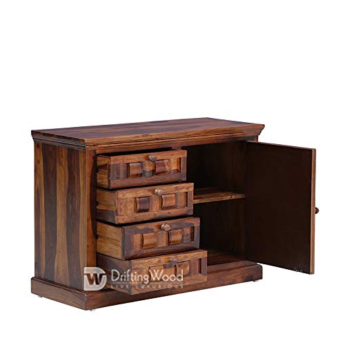Image of DRIFTINGWOOD Solid Sheesham Wood Sideboard Tv Cabinet for Living Room | Free Standing Movable Tv Unit Side Board Table with 4 Drawer & Door Cabinet Storage Furniture for Home | Honey