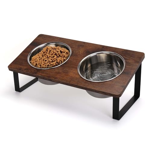 Yummy Sam Elevated Deep Stainless Steel Dog Food and Water Bowl Set, Raised Pet Bowls with 15Â° Tilted Wood Stand, Double Food Feeding Dishes for Medium Dogs and Large Cats
