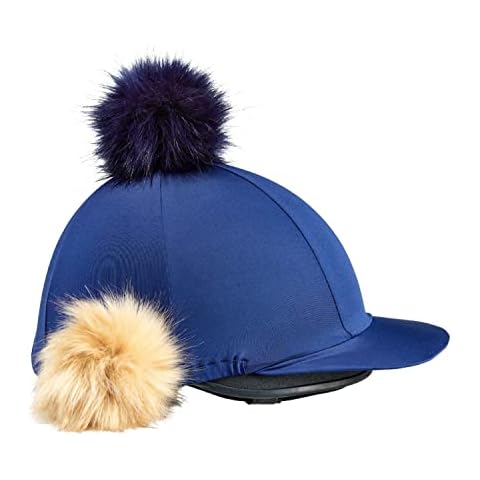 Harry Hall Horse Riding Hat Silk | Pom Pom Equestrian Helmet Jockey Skull Cap Cover | Blue Stretchy Lycra Cover