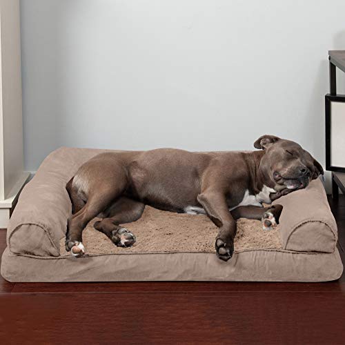 Image of Furhaven Orthopedic Dog Bed for Large /Medium Dogs w / Removable Bolsters & Washable Cover, For Dogs Up to 55 lbs - Plush & Suede Sofa - Almondine, Large