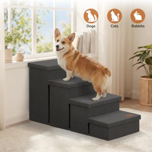 Image of Zerbuger Dog Stairs with Storage, Dark Grey 4 Steps Dog Ramp no Condo | 23 inch H Wider Dog Steps for High Beds Couch, Folding Storage Pet Stairs Gift for Climbing Small /Medium /Large Old Dogs Cats