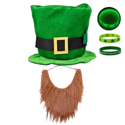 St. Patrick's Day Costume Suit, Includes Leprechaun Hat, Beard and 2 PCS Bracelet (Green and Glow),Size Fits Most Adults,For All Kinds of Masquerade Parties