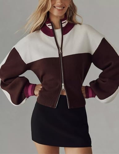 Womens Cardigan Sweaters Double Zip Up Long Sleeve Knitted Jackets Outerwear Color Block Casual Cardigan Coats2