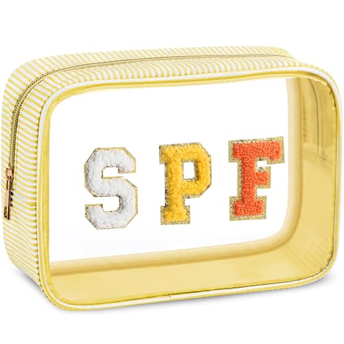 Sanwuta Seersucker SPF Bag Chenille Letter Clear Makeup Bag Preppy Travel Toiletry Pouch Large Striped Storage Organizer for Women Suncare Cosmetic Case(Yellow, 22x16x8cm)