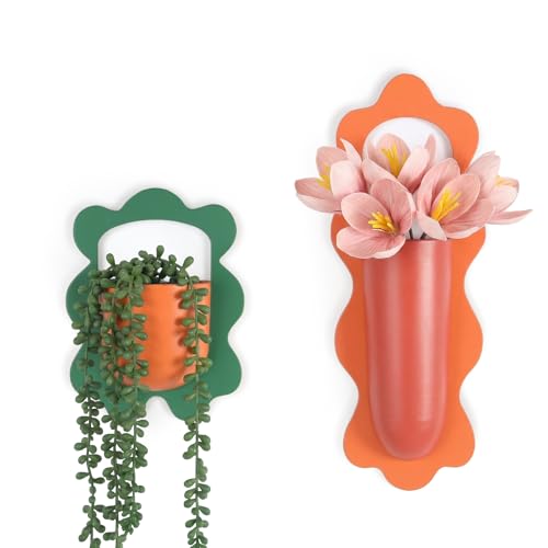 AimtoHome Metal Wall Planters Set of 2 Retro Wavy-Edge Hanging Vases - Orange & Green Red Iron Wall-Mounted Planters for Indoor Plants Flowers & Home Decor (Living Room Bedroom Bathroom)