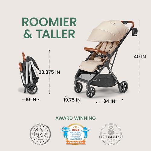 Image of Bombi Bēbee V2 Lightweight Baby Stroller - Premium Vegan Leather, One-Hand Fold, Infinite Recline, Aircraft-Grade Aluminum Frame, XXL Canopy, and Ample Storage Umbrella Stroller - Sand