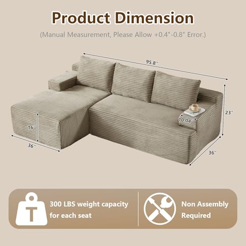 Image of 96.1 inch Modular Sectional Sofa Couches L-Shape Couch 3 Seat Modular Sofa Corduroy Memory Foam Sectional Boneless Couches for Living Room, Cloud Couch with Oversized Chaise(Camel, Left Facing)