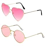 Liekadijiae 2 Stücke Brille Retro Hippie, Retro Metallrahmen Herzform Brillen, Brille Rosa Runde Hippie, Hippie Kostüm Sonnenbrillen, für Hippie Kostüm, Party, Alltag, Foto Requisiten
