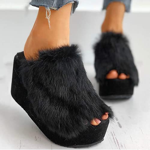 ZBYY Plush Slippers for Women Fluffy Summer Open Toe Wedges House Slippers Indoor or Outdoor Platforms Slides Slipper3