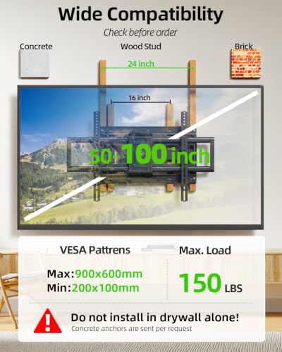 Image of USX Mount Long Arm TV Wall Mount for Most 50-100 inch TV 40 Inch Extension Full Motion TV Mount,Pre-Assembled Wall Mount with Swivel and Tilt Up to 150lbs Fits 8″ /12″ /16″ /24″ Studs VESA 900x600mm