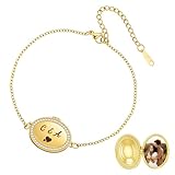 SUPHELPU Custom Locket Bracelet with Picture Inside, Personalized Oval Gold Charm Bracelet for Women, Picture Bracelet Personalized Photo, Christmas Mothers Day Memorial Gifts for Wife Mom Pet