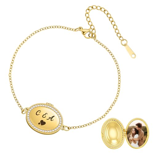 SUPHELPU Custom Locket Bracelet with Picture Inside, Personalized Oval Gold Charm Bracelet for Women, Picture Bracelet Personalized Photo, Christmas Mothers Day Memorial Gifts for Wife Mom Pet
