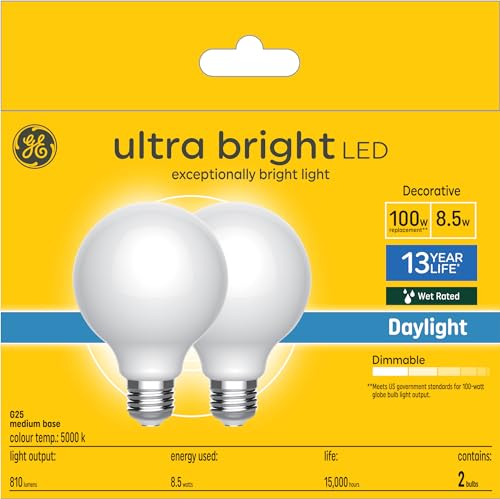 GE Ultra Bright LED 100 Watt Replacement, Daylight, G25 Vanity - Globe Bulbs (2 Pack) by GE - Used condition - CA$18.86