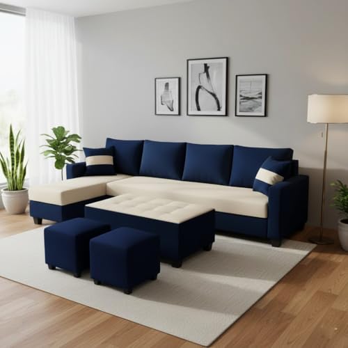 Image of CASASTYLE Adonway 8 Seater Fabric LHS L Shape Sofa Set (Cream-Dark Blue) Premium Velvet Finish | Ideal for Living Rooms