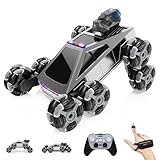 Coche Teledirigido RC Acrobático 8 Ruedas, Vehículo Todoterreno con Mando a Distancia & Control Manual, Luces LED, Música, Spray, Juguete para Niños 5-11 Años, Regalo Cumpleaños, Navidad y Reyes Magos