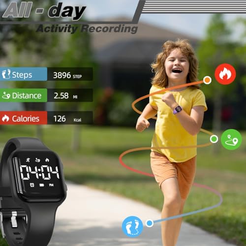 Kids Step Counter Watch, Digital Pedometer, Fitness Tracker Wristwatch, Waterproof Sport Watch, for Children Boys Girls Teens(Black) - Thumbnail 3