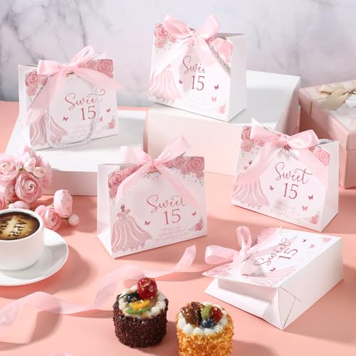 Skyygemm 25 Sets Quinceanera Gift Bag with Handles Quinceanera Party Favors for Guests Small Candy Bag with Bow Ribbon Decoration Sweet 15 Birthday Party Favor (Pink)