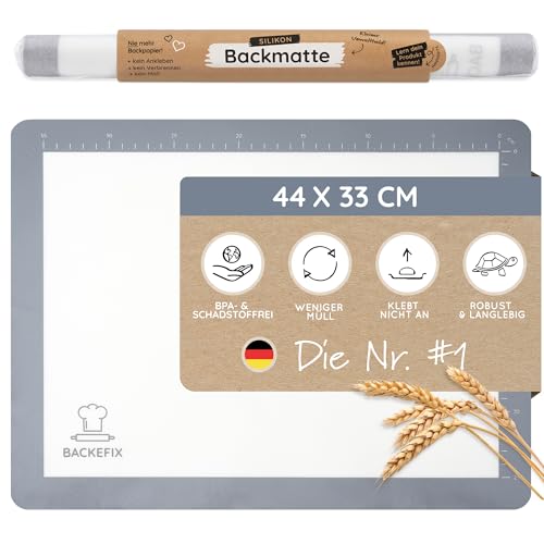 Backefix Silikon Backmatte 44×33 cm Grau – wiederverwendbare Dauerbackmatte und Silikon Backpapier für Backblech als Alternative, Platin-Silikon, antihaftend, spülmaschinenfest, frei von BPA & PFAS