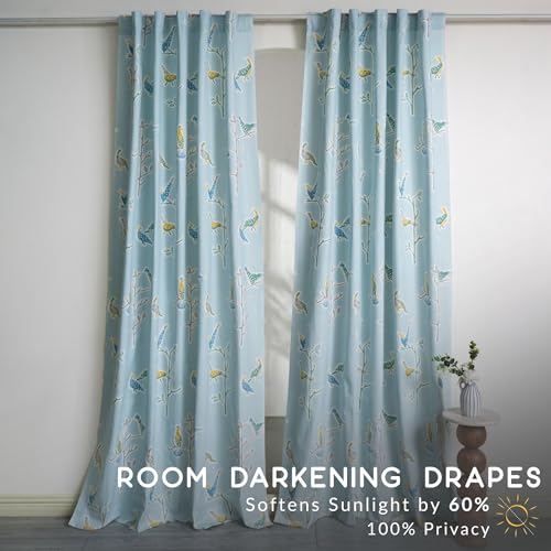 Image of Tranquebar Curtain Co. Window Curtains 5 Feet, 60-65% Room Darkening, Multicolor(Blue) Bird Print, Cotton Curtains for Window, BackTab Loops, Design Shiri (152 cm) - Set of 2