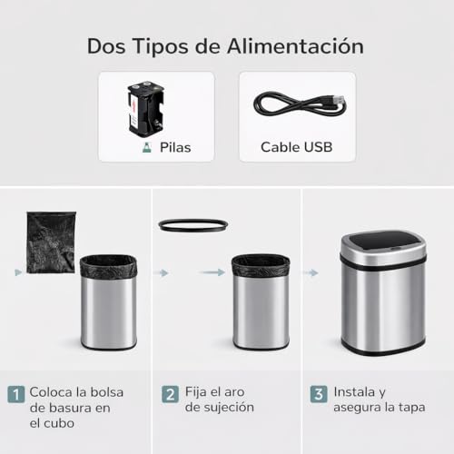 Cubo de Basura Automatico Cocina con Sensor de Movimiento Inteligente Sin Contacto | 50 litros Acero INOX Tapa Automática Carga con Pilas o Batería. Diseño moderno para hogar oficina y reciclaje - imagen 6