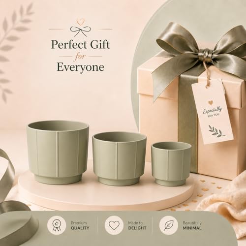 Image of Xtore Verde Ceramic Ribbed Planter Set | Soft-Tone Vertical Groove Plant Pots for Home & Office Decor - (Set of 3, Green, Planter ONLY)