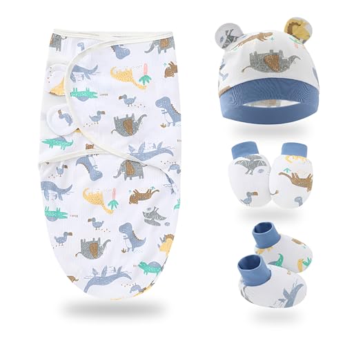 Image of BEMBIKA Newborn Baby Essentials Dress Set Clothing Combo With Swaddle Wrap, Mittens, Cap And Booties- (Animal Print - Set Of 4)