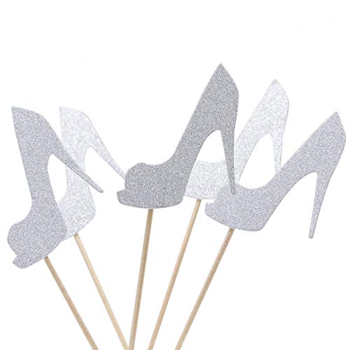 JETEHO Pack of 30 Silver Glitter High Heel Cupcake Toppers Bridal Shower Cupcake