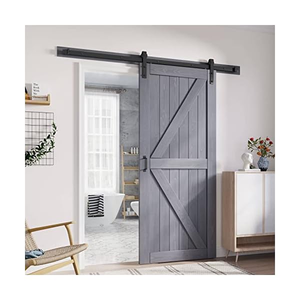 FREDBECK 36in x 84in Gray Barn Door Slab with 6.6ft (79inch) Barn Door Hardware Track Kit and Handle Floor Guide Included, Double Surfaces,Simple Assembly is Required,K-Frame,Grey