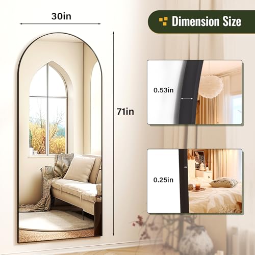 30x71 Arched Full Length Mirror Floor Mirrors with Aluminum Alloy Frame Free-Standing Wall Mounted Floor Mirrors or Large Dressing Mirror, Black Mirror Full Length