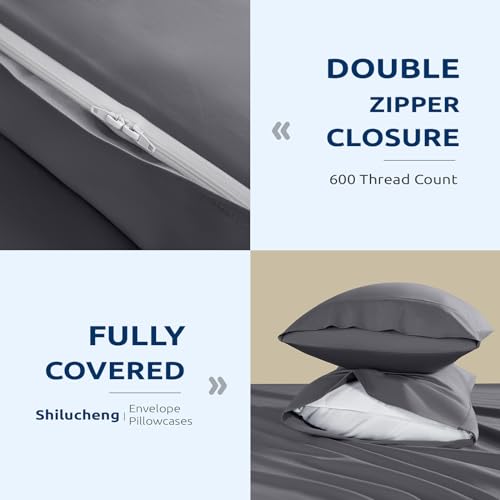 Shilucheng 100% Cotton California King Size Duvet Covers - 600 Thread Count, Luxury Sateen Weave Egyptian Cotton Comforter Cover with Zipper Closure,Hotel Bedding Duvet Covers 3 Piece (Dark Grey)