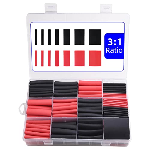 200pcs Ratio 3:1 Heat Shrink Tubing Black Red Heat-Shrink Tube Wire Shrink Wrap Electrical Cable Wire Kit Set Insulation Protector Connector Heatshrink Tubing, 7 Size