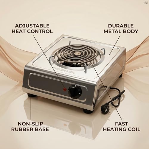 Image of Drumstone 2000W Stainless Steel Electric G Coil Cooktop | Radiant Hot Plate with Rotary Temperature Control | Heavy Duty Single Burner Stove, Chrome Finish, Compatible with All Metal Cookware