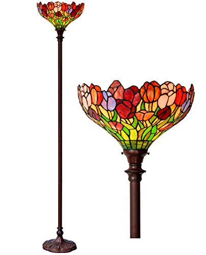 Floor Lamp(E26x1 Bulbs)14 Inch Wide Stained Glass Home Decor Light Tulip Design Lamp Shades Iron Base HT-Tiffany Lights for Bedroom Kitchen The Office Dresser Sound Bar Bookcase Nightstand
