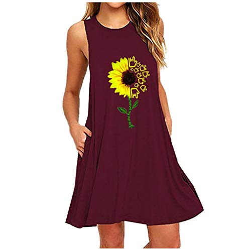 Preisvergleich Produktbild KIMODO Damen A-Linien Pyjama Ärmellos Rundhals Mini Kleider Gänseblümchenmuster Lose Casual Longshirt Oversize Tank Tops (Wein-A, XXL)