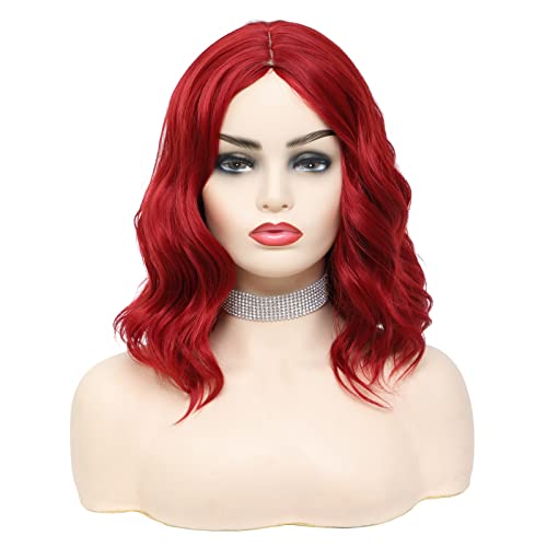 Red Wig Short Curly Wavy bob Wigs for Women Girls Shoulder Length Middle Part Wine Red Wig daily Halloween Cosplay Heat Resistant Synthetic hair Wig