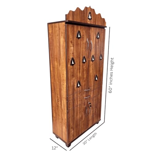 Image of 5 x 2.5 ft Wooden Pooja Mandir with Storage | Home Temple with Drawer & Stand | 30 inch L x 60 inch H x 12 inch D | Teak Wood Finish