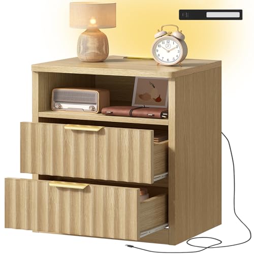 Image of TEENFON Fluted Night Stand, Nighstand with Charging Station and LED Light, Modern Bed Side Table for Small Space, Storage Drawer and Open Shelf, for Bedroom, Natural