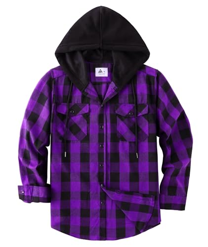 Image of Hooded Flannel Shirts for Men Plaid Long Sleeve Flannel Jacket Hoodies | Button-Down, Lightweight Coat, Classic Plaid Shirts with Hood, Flannel Hoodies with Pocket