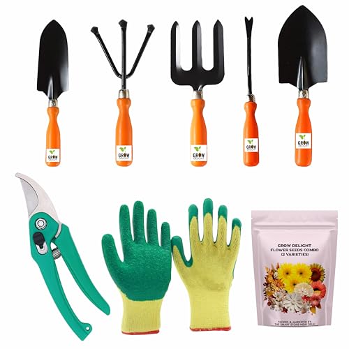 GROW DELIGHT Gardening Tools Kit-8 Pcs (Fork, Cultivator, Big Trowel, Small Trowel, Weeder, Garden Pruner, Gardening Gloves Green, Flower Seeds Packet) | Durable Gardening Tools