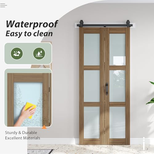 Image of FREDBECK 36X84 Bifold Barn Door Glass,3 Panel,Brown,Fit for 32 inch-34 inch Opening