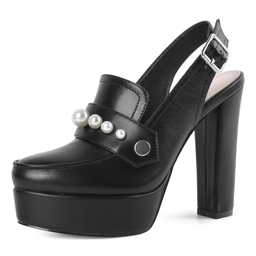 Image of Women's High Heel Loafers Platform Pumps Round Toe Heels Chunky Heel Pumps Stylish Comfortable 4.8 Inch Slingback Heels