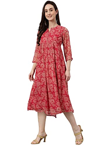 Image of Janasya Women's Chiffon Lurex Floral Printed A-line Kurta
