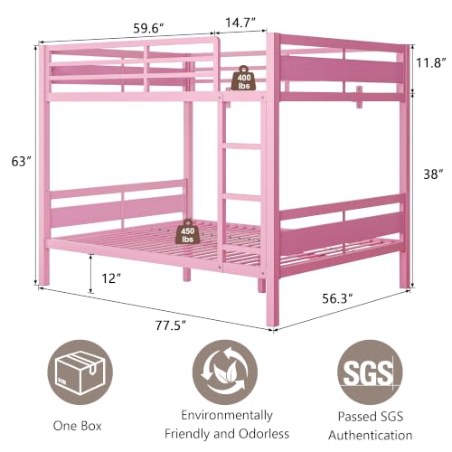 Image of iPormis Metal Bunk Bed Full Over Full, Heavy Duty Bunk with High Guardrail and Safety Entrance Design, Under-Bed Storage Space, Easy Assembly, Noise Free, Pink
