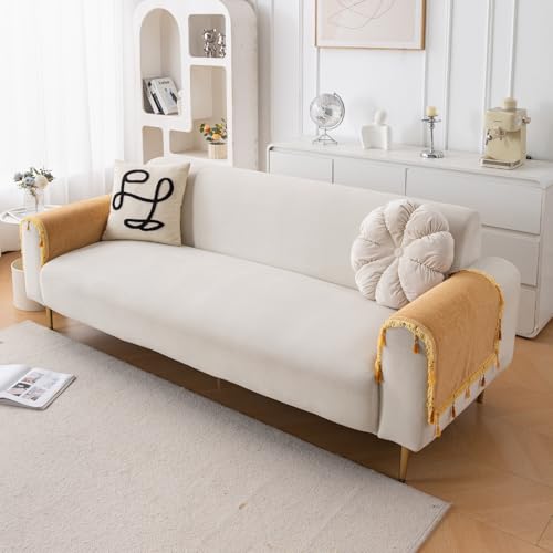 Image of HOKIPO 'Serenity Tassel' Chenille Sofa Arm Cover with Tassels - 1 Pair | Sunlit Amber (IN-893-GLD*2)