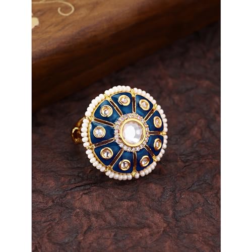 Peora Traditional 18K Gold Plated Original Meena Work Kundan Pearl Adjustable Ring for Women Girls - Image 3