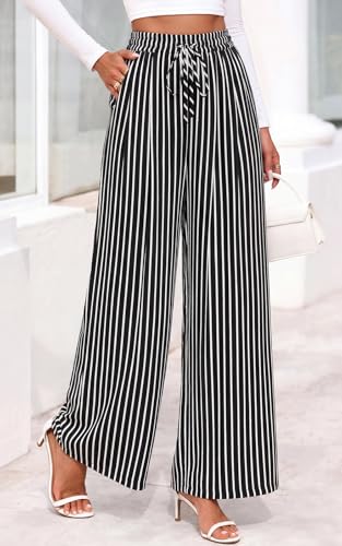 Image of PRETTYGARDEN Womens Pants Elastic Waist Floral Lightweight Palazzo Pants for Women Casual Lounge Wide Leg Pants Woman